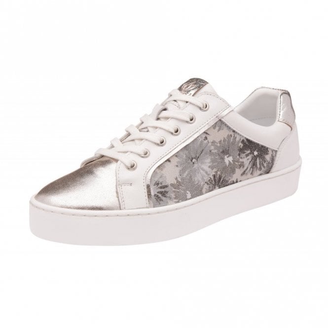 Siama White Floral Leather Lace Up Ladies Trainers 8316